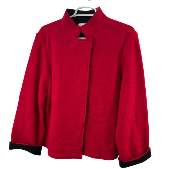 Chico’s 2 M 12 red black cape jacket 100% wool winter business casual Holiday - Picture 1 of 10